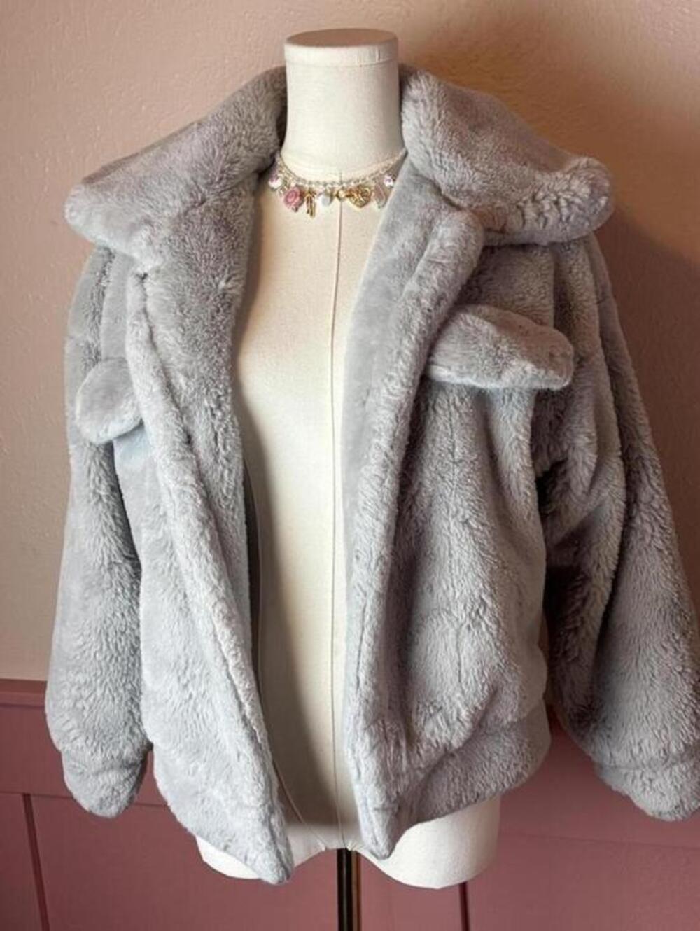 Public Desire faux fur short bomber jacket grey sz small
